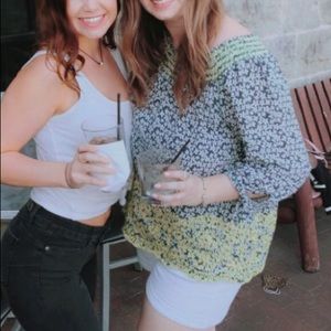 Off the shoulder blue and white and yellow embroidered edge blouse